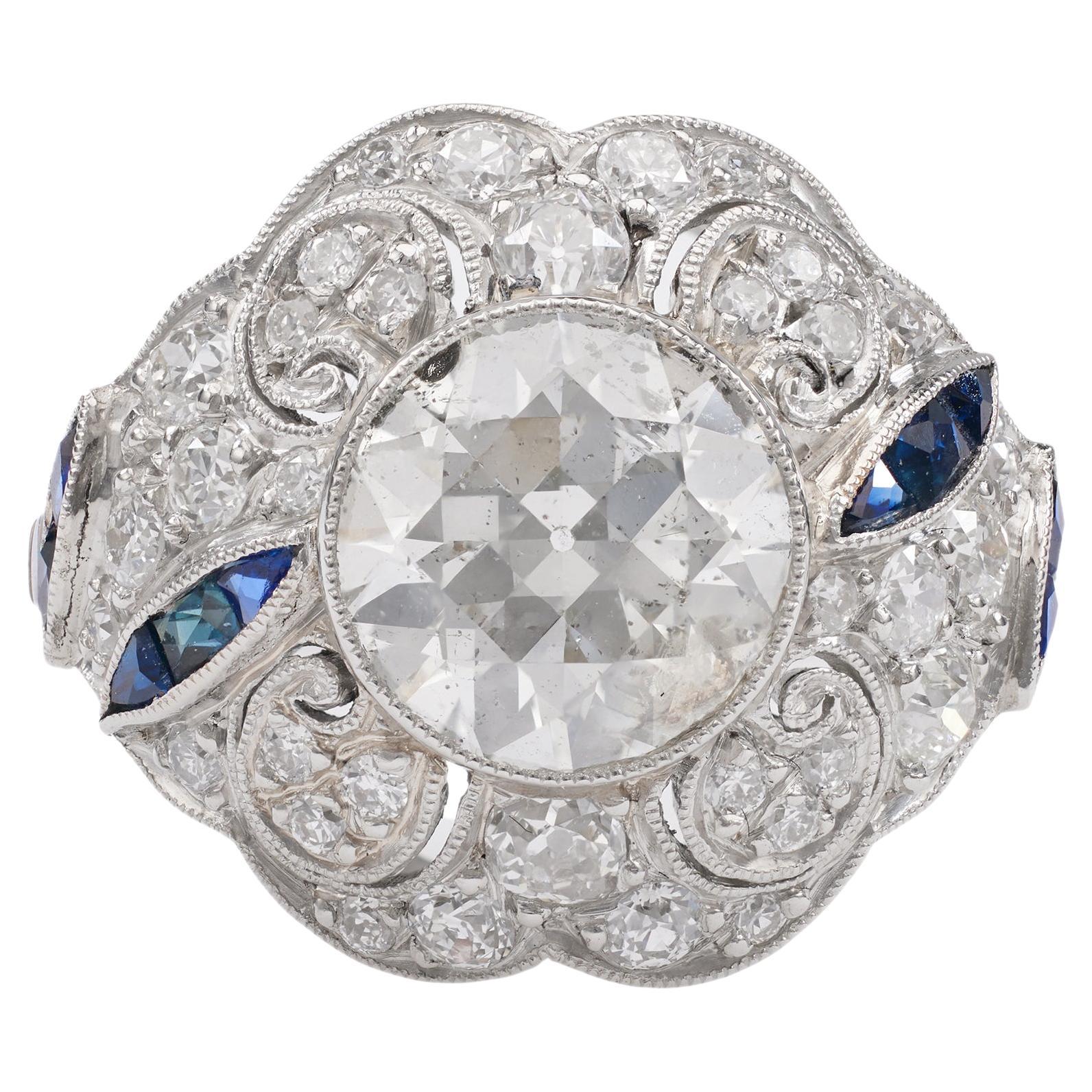 Art Deco Inspired 2.11 Carat Old European Cut Diamond Sapphire Platinum Ring For Sale