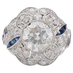 Art Deco Inspired 2.11 Carat Old European Cut Diamond Sapphire Platinum Ring