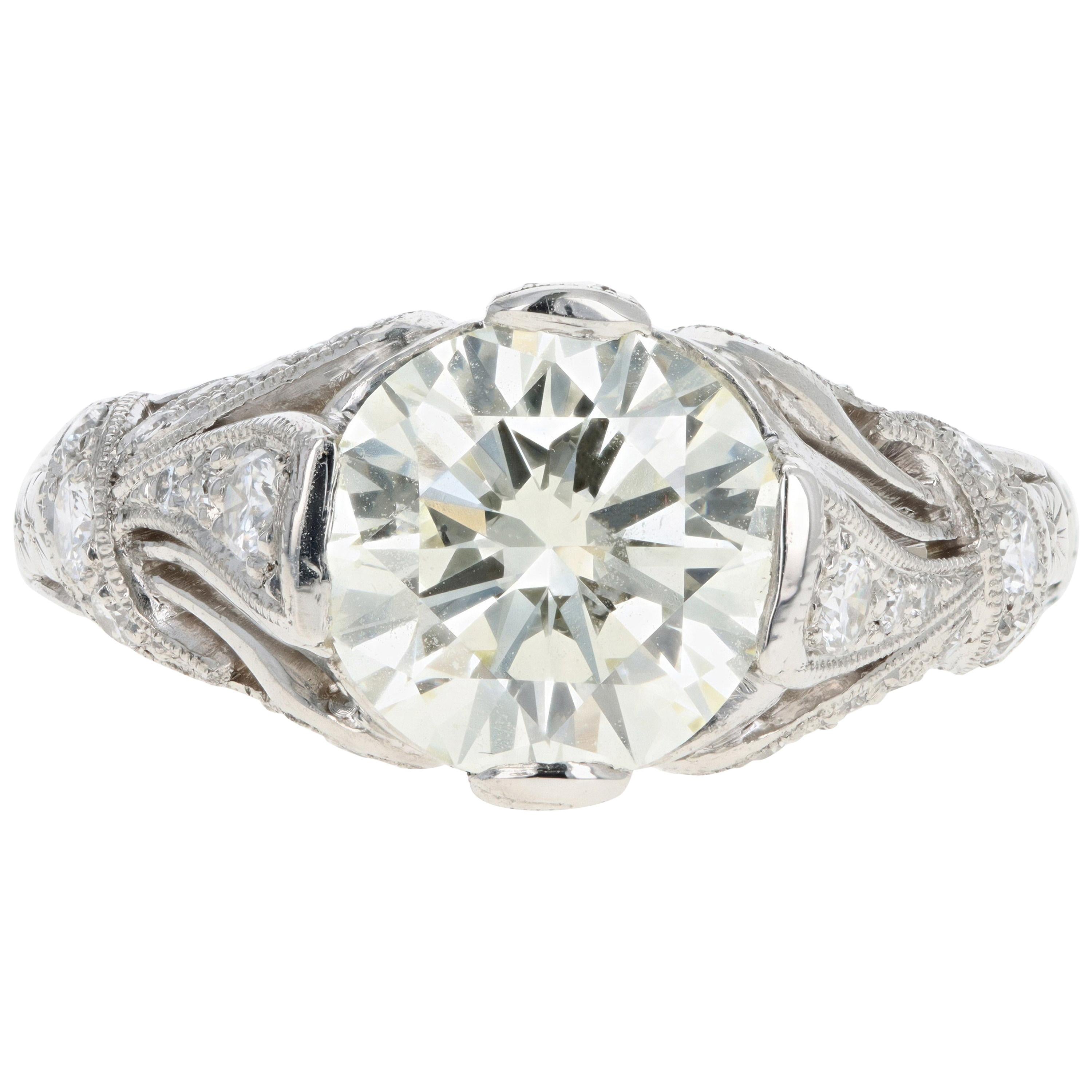 Art Deco Inspired 2.12 Carat Round Brilliant Cut Diamond Engagement Ring