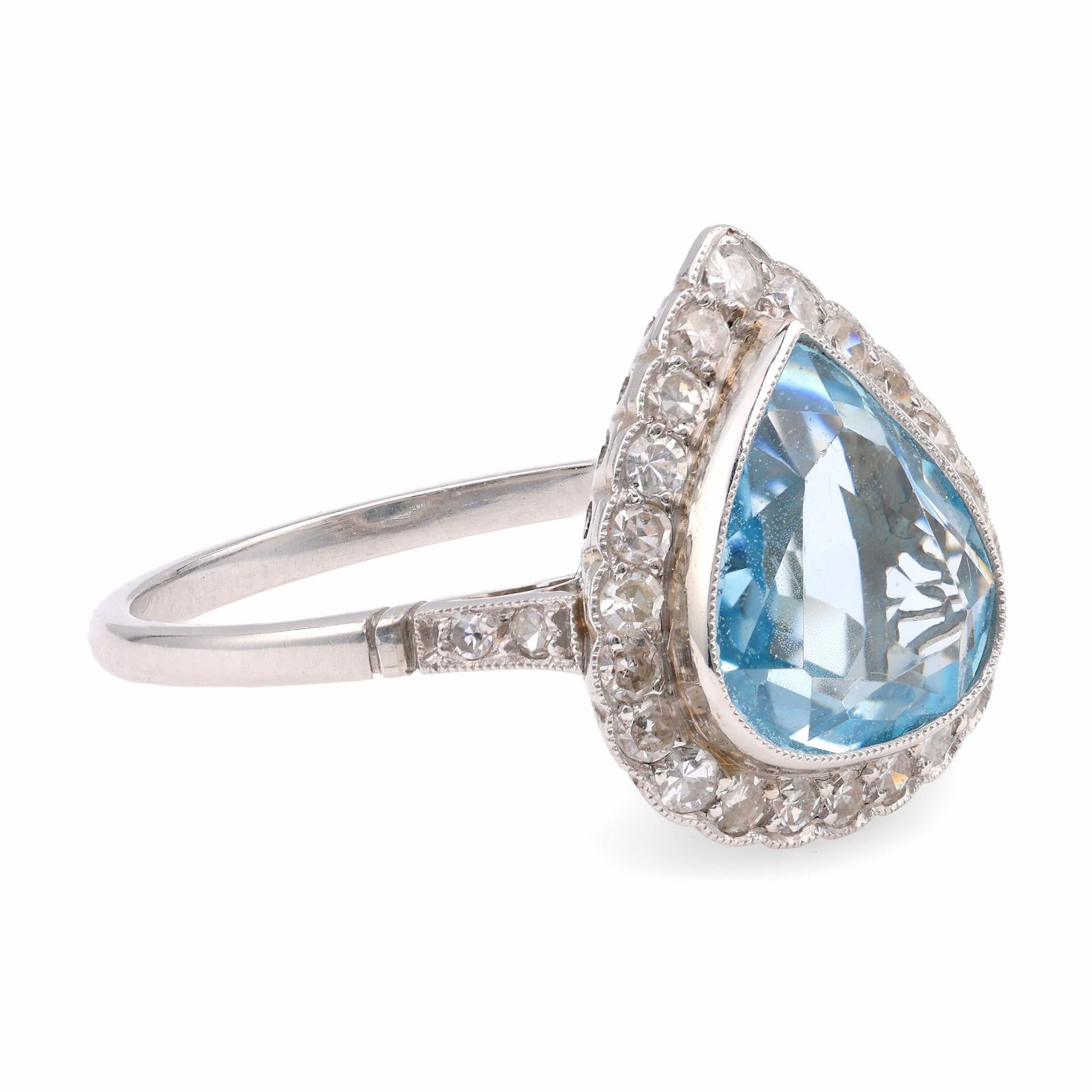 Pear Cut Art Deco Inspired 2.14 Carat Aquamarine Diamond Platinum Cluster Ring For Sale