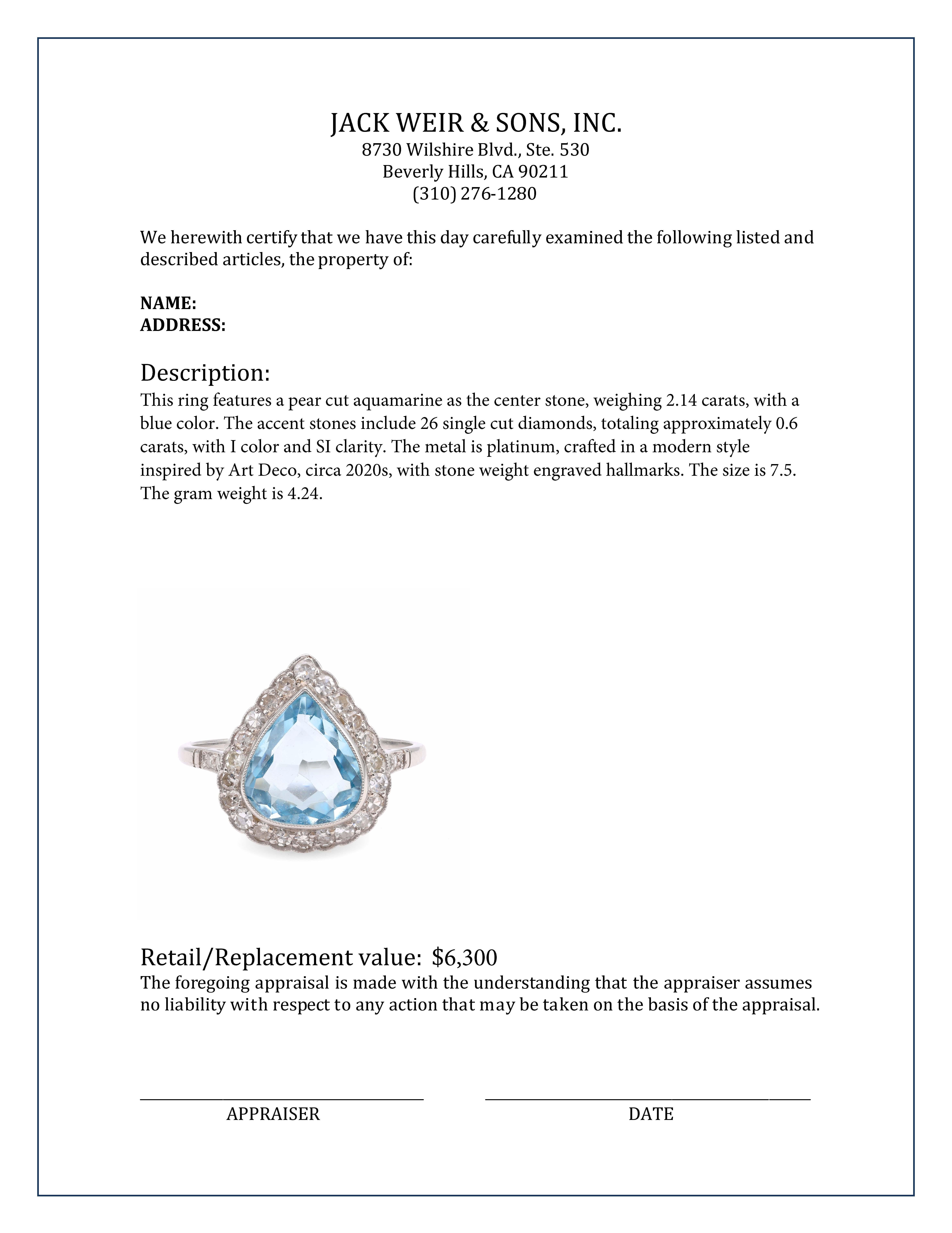 Art Deco Inspired 2.14 Carat Aquamarine Diamond Platinum Cluster Ring In Excellent Condition For Sale In Beverly Hills, CA