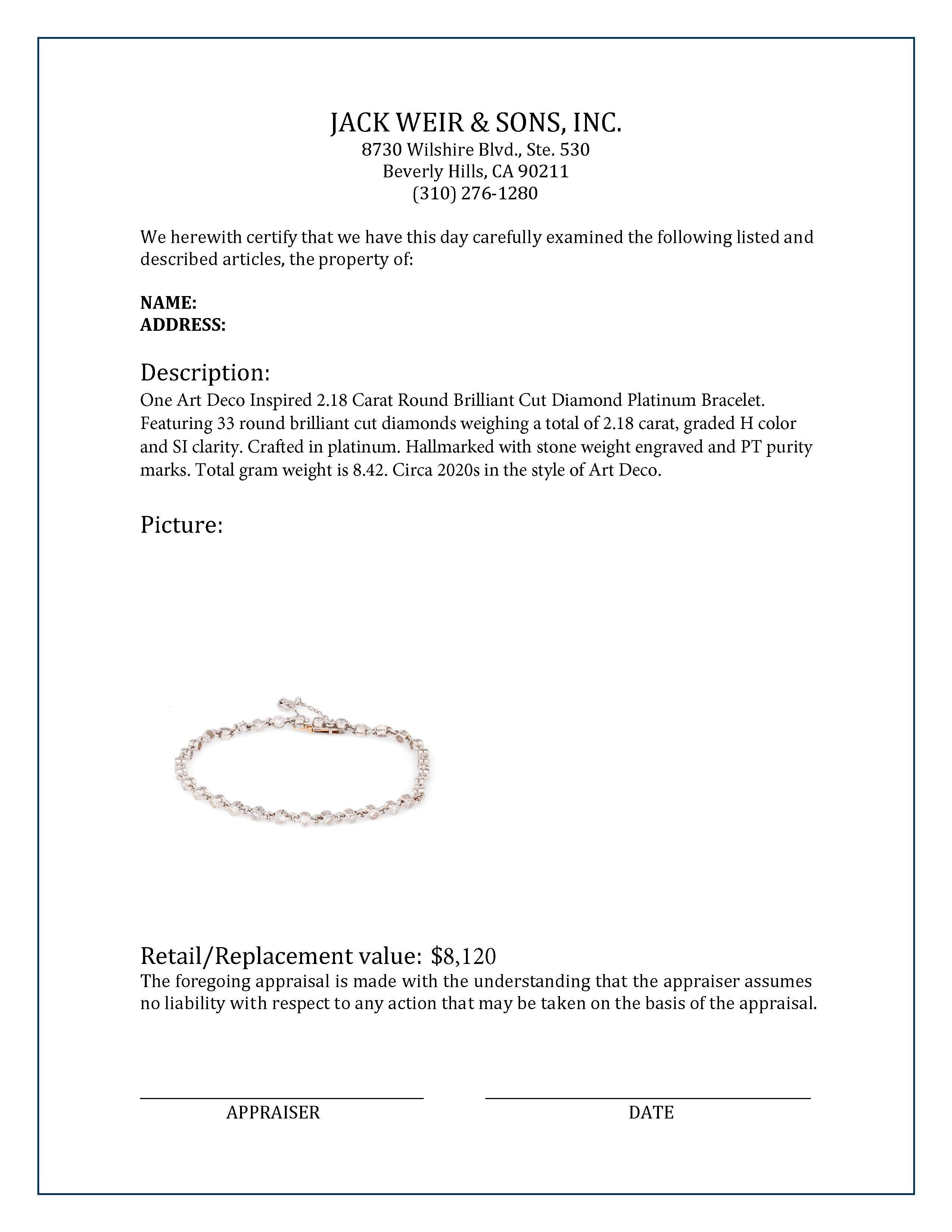 Bracelet en platine inspiré de l'art déco avec 2,18 carats de diamants ronds taillés en brillant Excellent état - En vente à Beverly Hills, CA