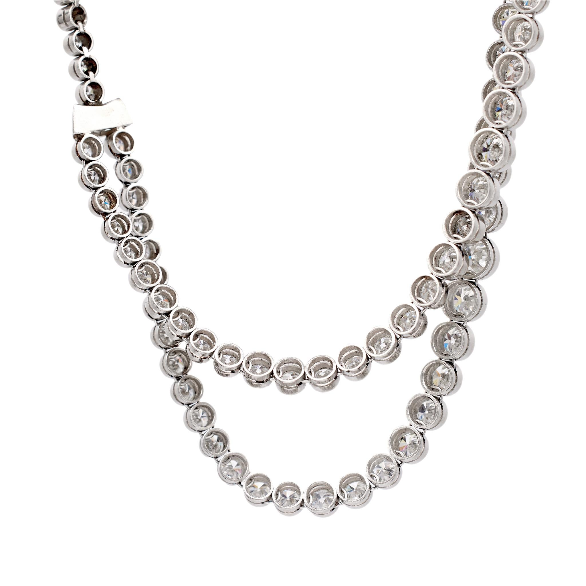 Women's or Men's Art Deco Inspired 21.85 Carat Diamond Platinum Double Strand Riviere Necklace For Sale
