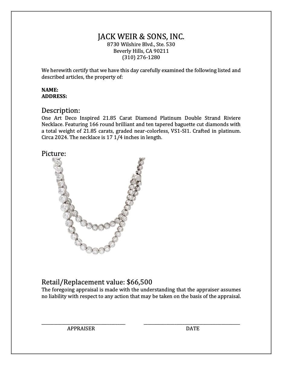 Art Deco inspirierte zweireihige Riviere-Halskette aus Platin mit 21,85 Karat Diamanten im Art déco-Stil im Angebot 1