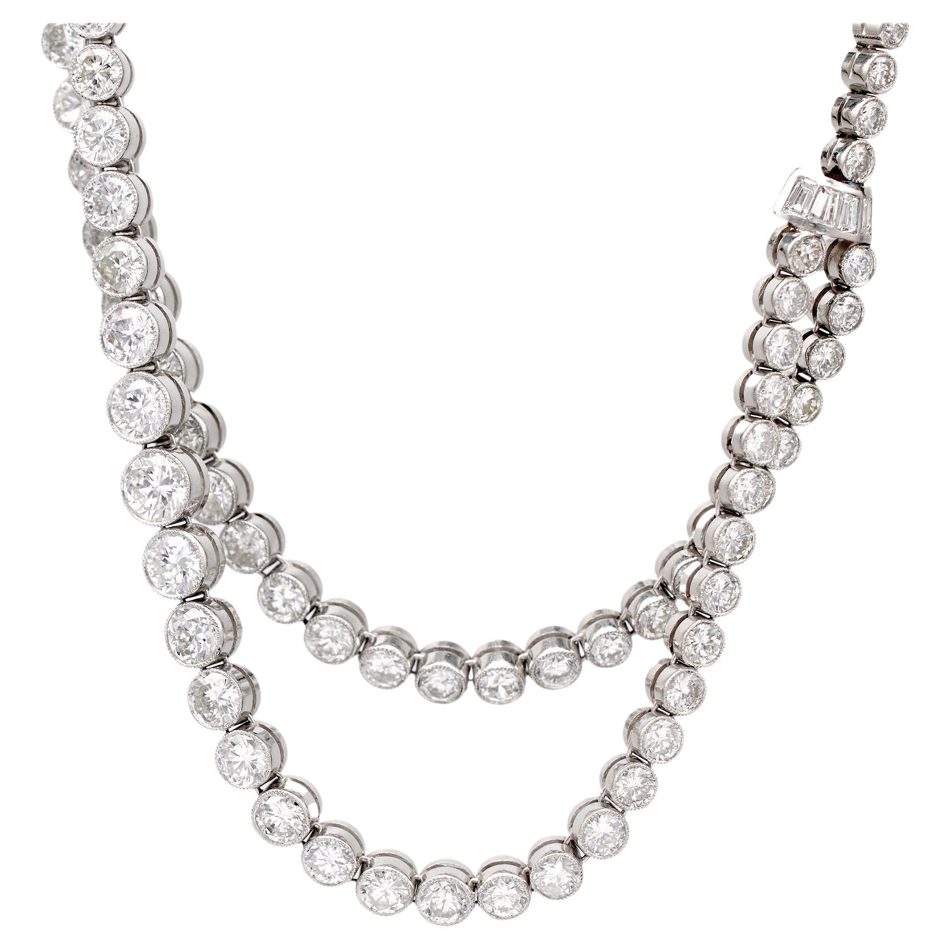 Art Deco Inspired 21.85 Carat Diamond Platinum Double Strand Riviere Necklace For Sale