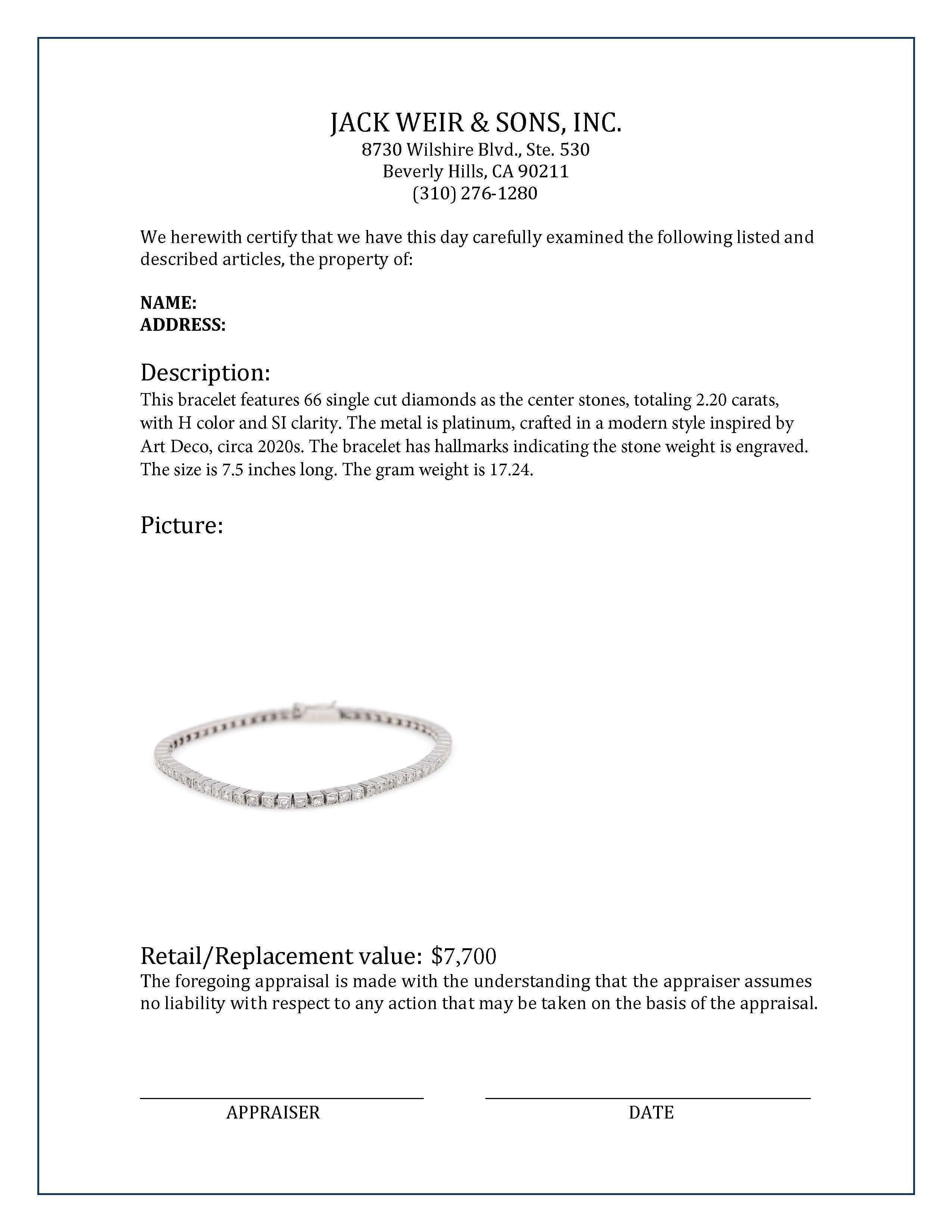 Bracelet tennis d'inspiration Art déco en platine avec diamants de 2,2 carats Excellent état - En vente à Beverly Hills, CA
