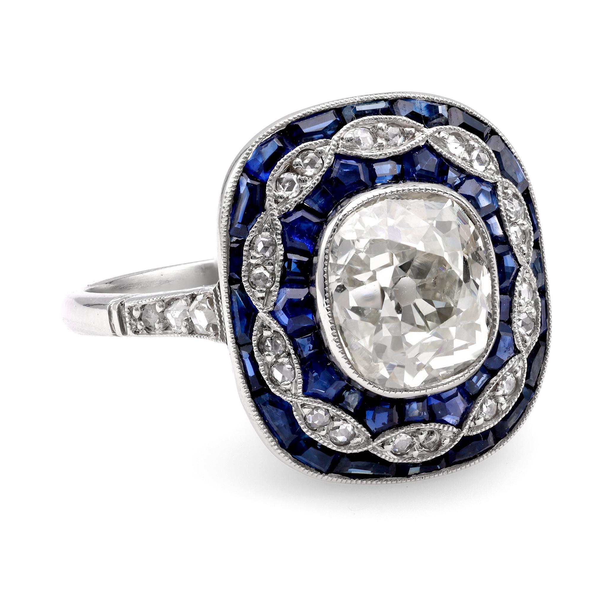 Old Mine Cut Art Deco Inspired 2.24 Carat Old Mine Diamond Sapphire Platinum Dinner Ring For Sale