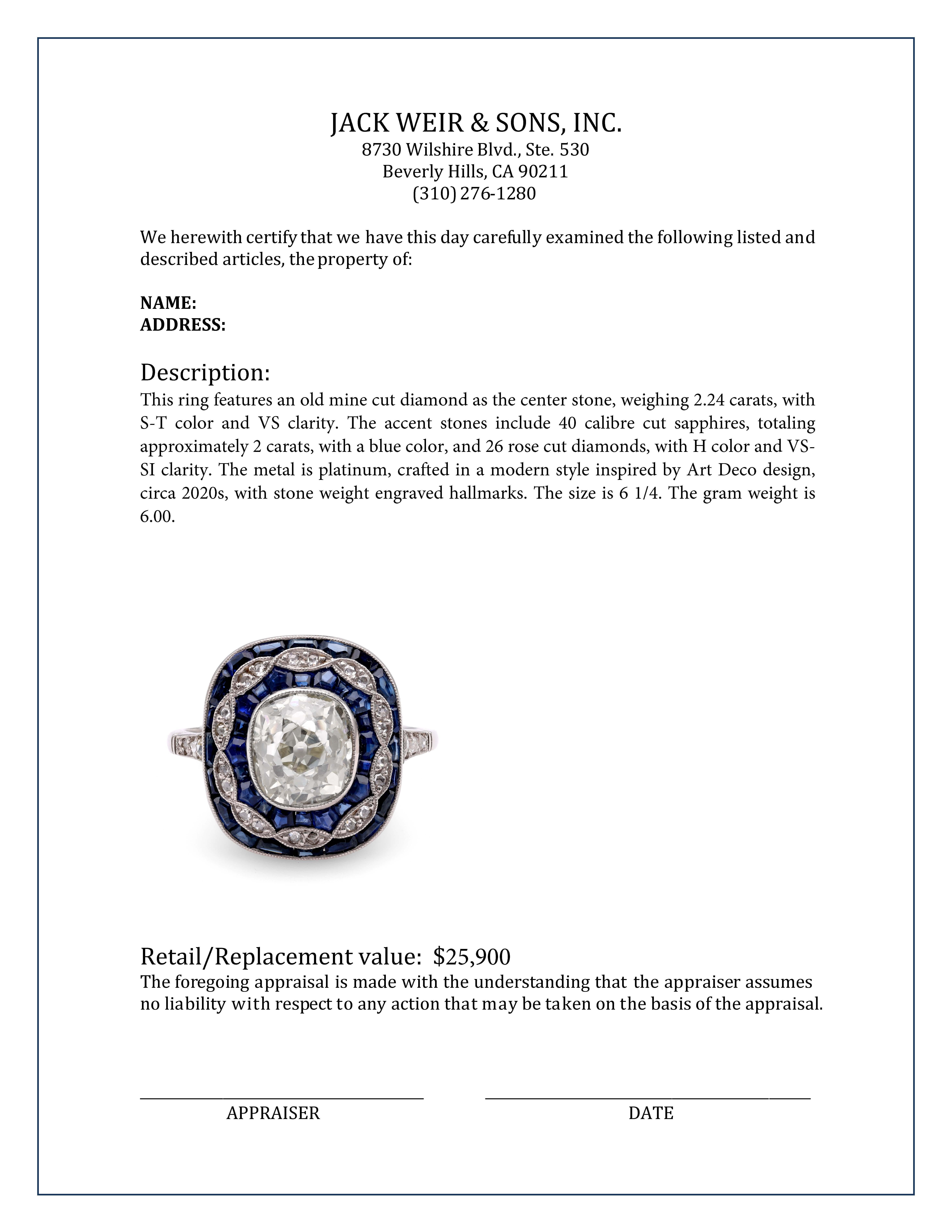 Art Deco Inspired 2.24 Carat Old Mine Diamond Sapphire Platinum Dinner Ring In Excellent Condition For Sale In Beverly Hills, CA