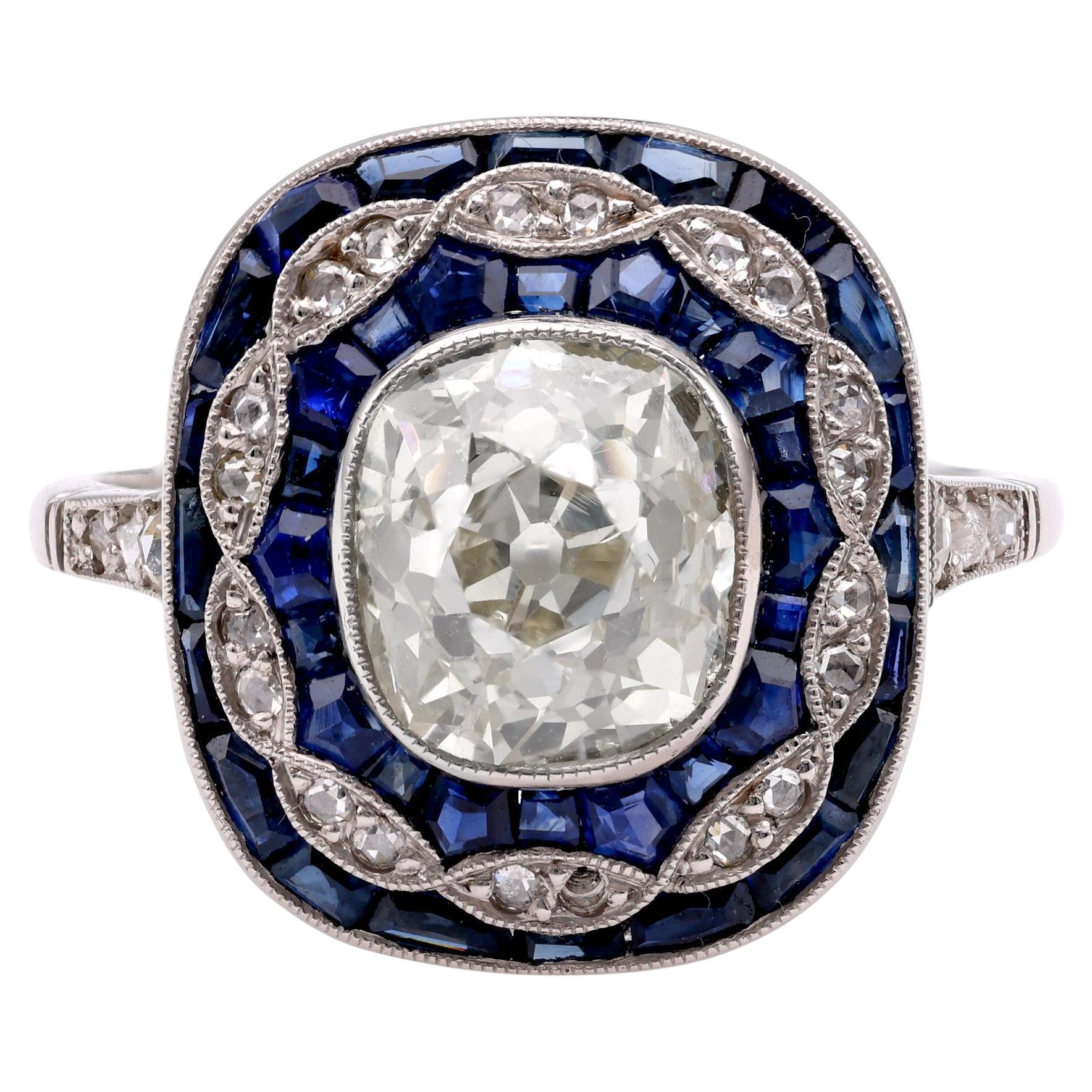 Art Deco Inspired 2.24 Carat Old Mine Diamond Sapphire Platinum Dinner Ring