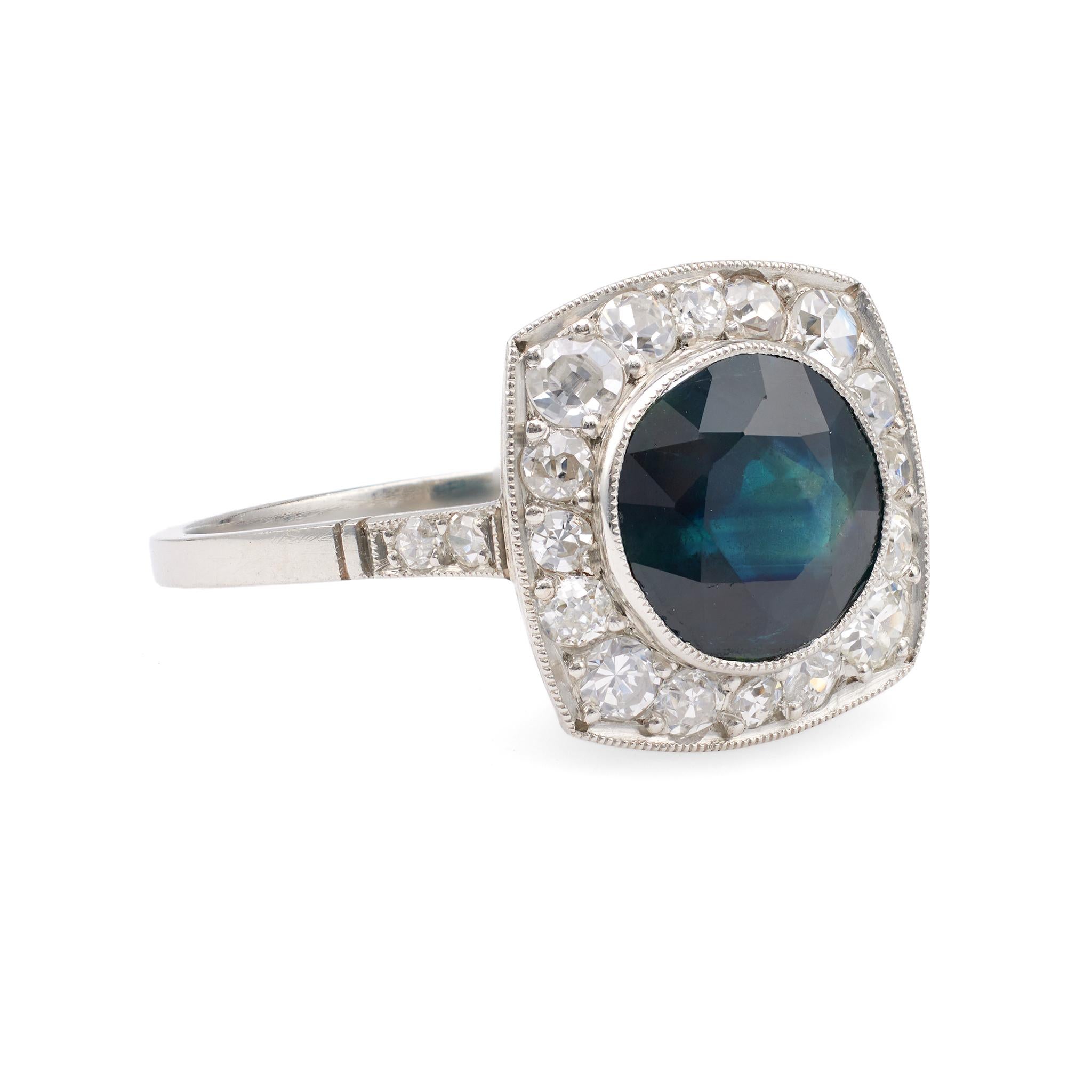Art Deco Inspired 2.27 Carat Sapphire Diamond Platinum Ring In Excellent Condition For Sale In Beverly Hills, CA