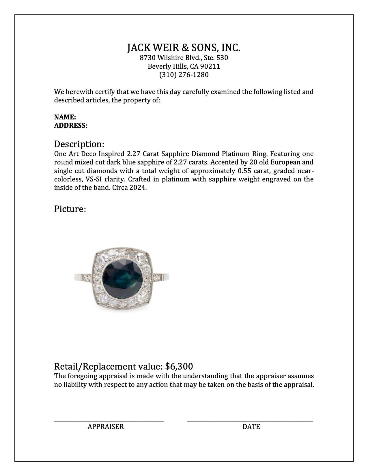 Women's or Men's Art Deco Inspired 2.27 Carat Sapphire Diamond Platinum Ring For Sale