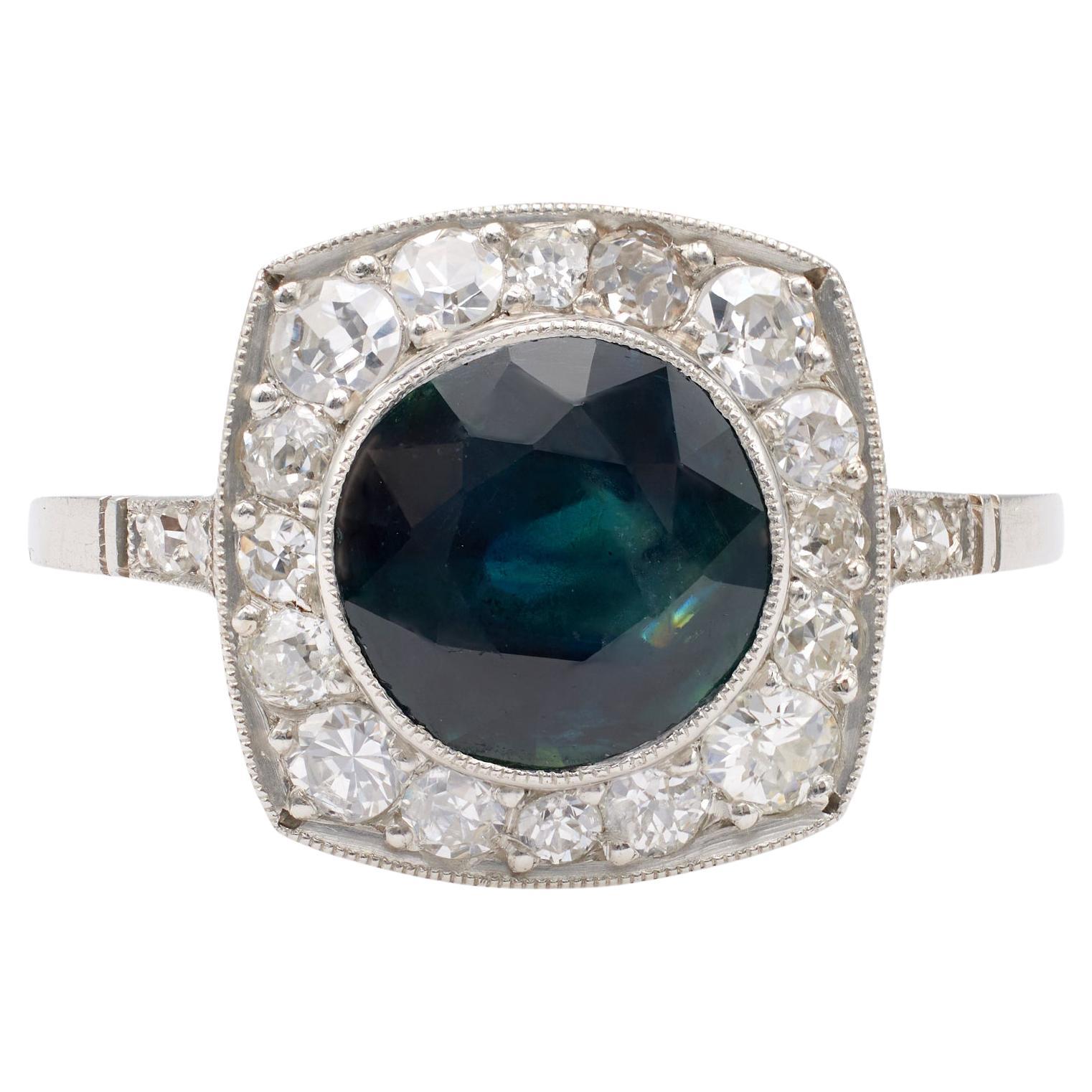 Art Deco Inspired 2.27 Carat Sapphire Diamond Platinum Ring For Sale