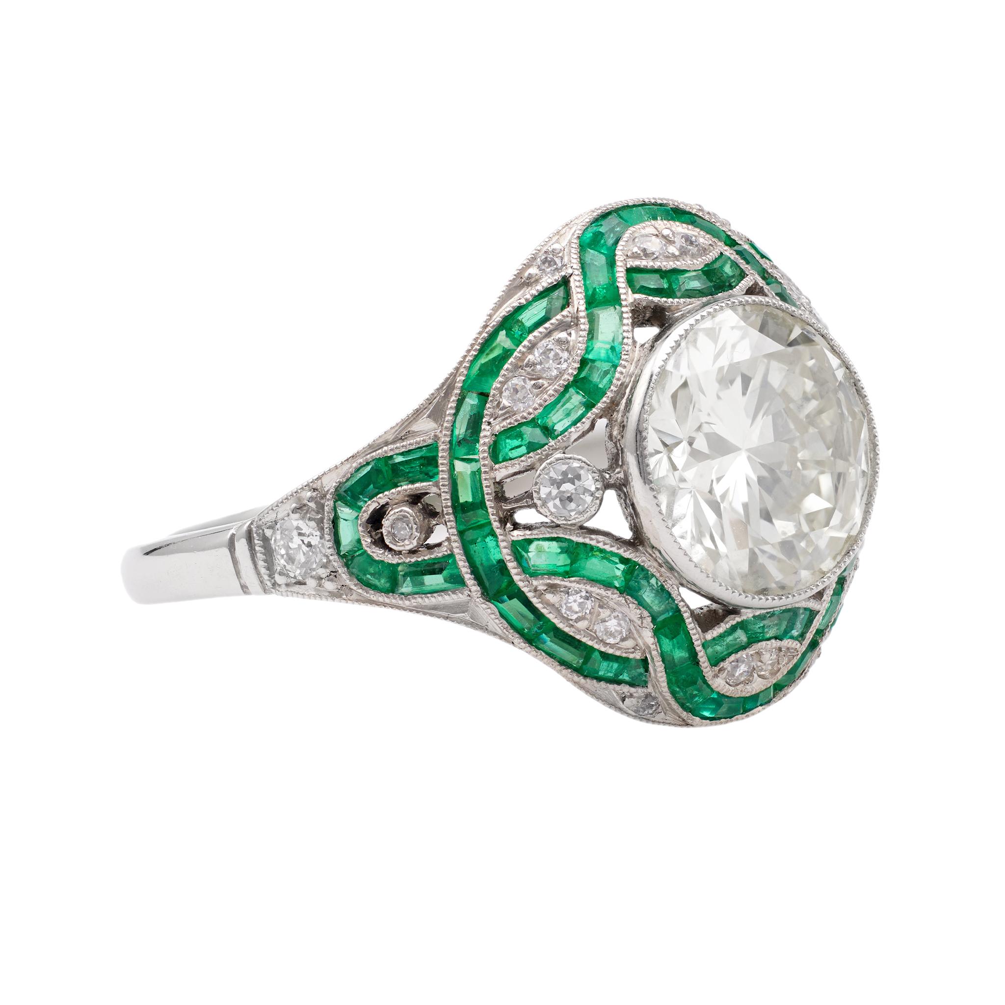 Old European Cut Art Deco Inspired 2.29 Carat Transitional Cut Diamond Emerald Platinum Ring For Sale