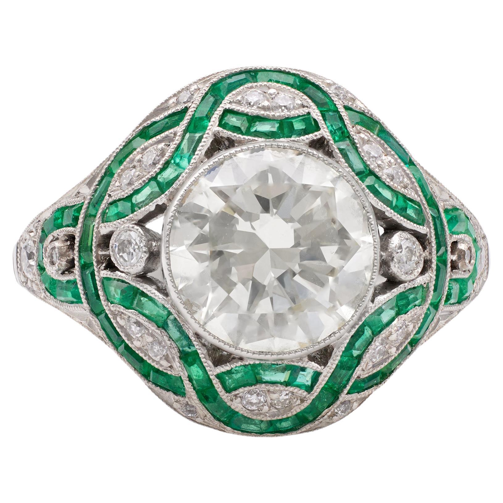 Art Deco Inspired 2.29 Carat Transitional Cut Diamond Emerald Platinum Ring For Sale