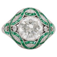 Art Deco inspirierter Platinring mit 2,29 Karat Diamant im Übergangsschliff und Smaragd im Übergangsschliff