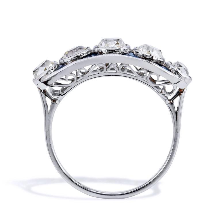 Women's Art Deco Inspired 2.40 Carat Old Mine Cut Diamond Sapphire Platinum Band Ring