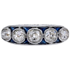 Art Deco Style 2.40 Carat Old Mine Cut Diamond Sapphire Platinum Band Ring