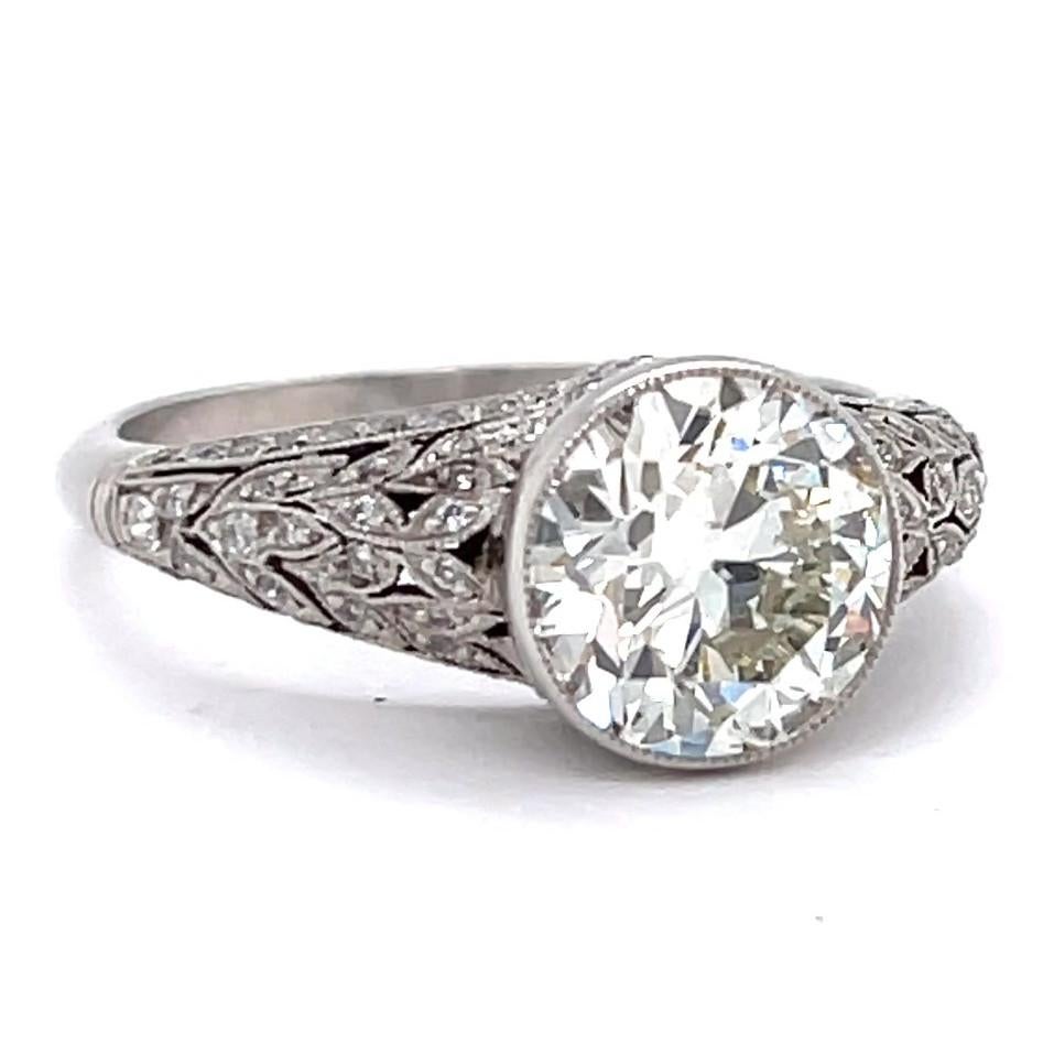 Women's or Men's Art Deco Inspired 2.41 Carat Old European Cut Diamond Platinum Engagement Ring