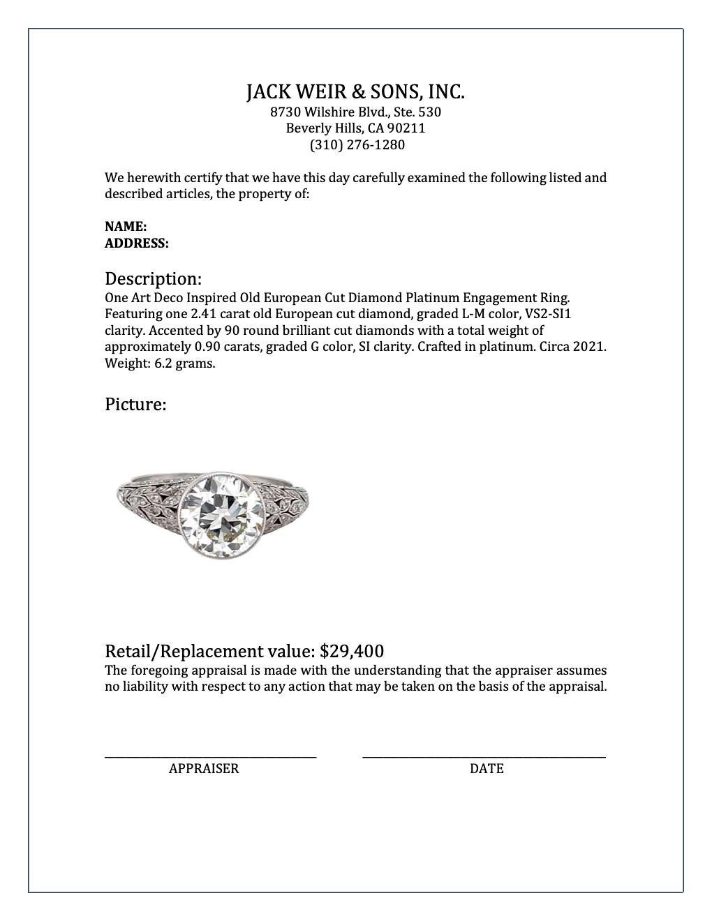 Art Deco Inspired 2.41 Carat Old European Cut Diamond Platinum Engagement Ring 3
