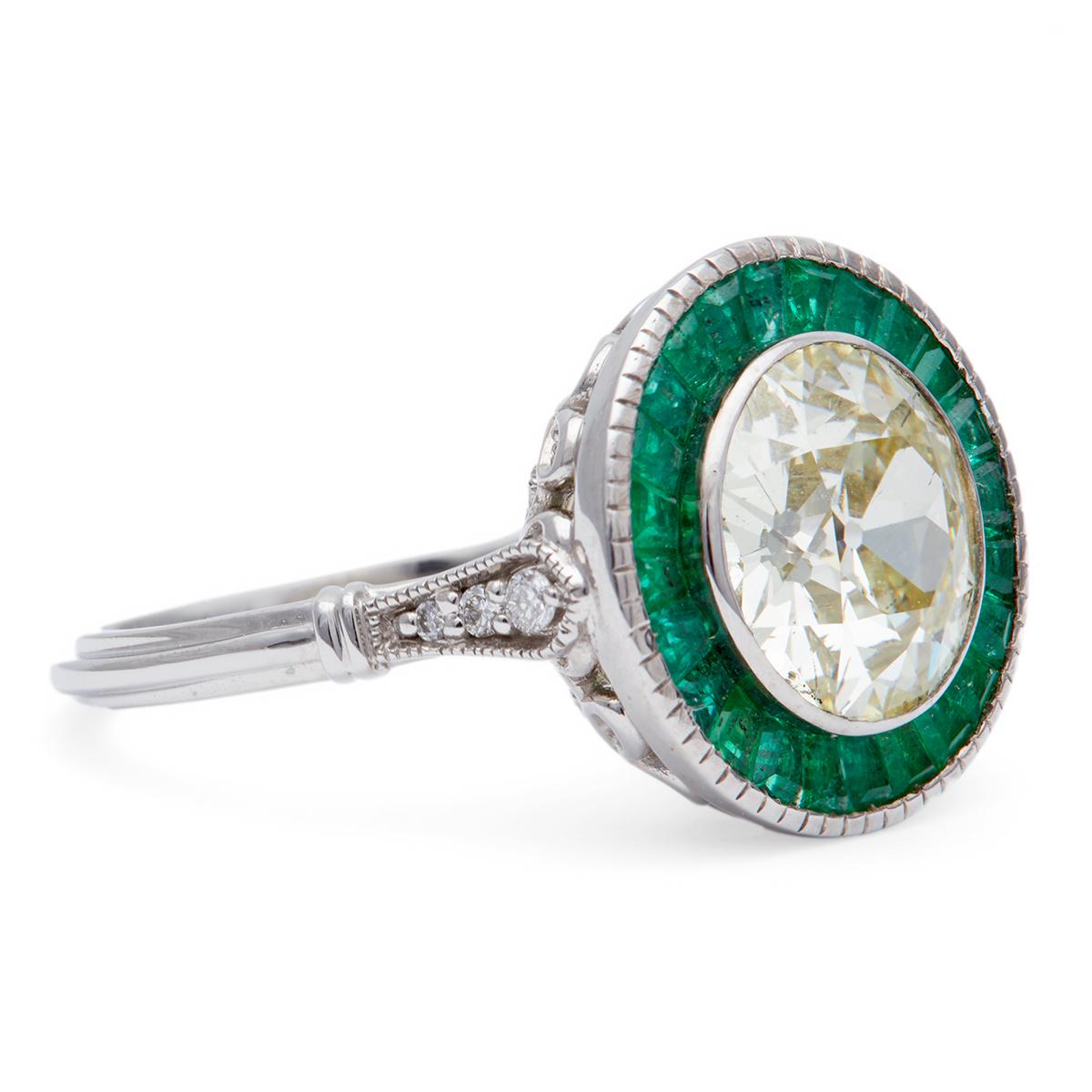 Art Deco Inspired 2.51 Carats Old European Cut Diamond Emerald 14k White Gold 1