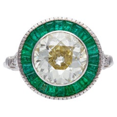 Art Deco Inspired 2.51 Carats Old European Cut Diamond Emerald 14k White Gold