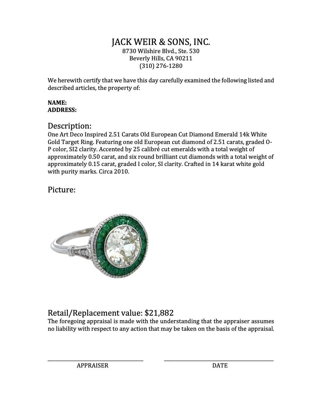 Art Deco Inspired 2.51 Carats Old European Cut Diamond Emerald 14k White Gold 3