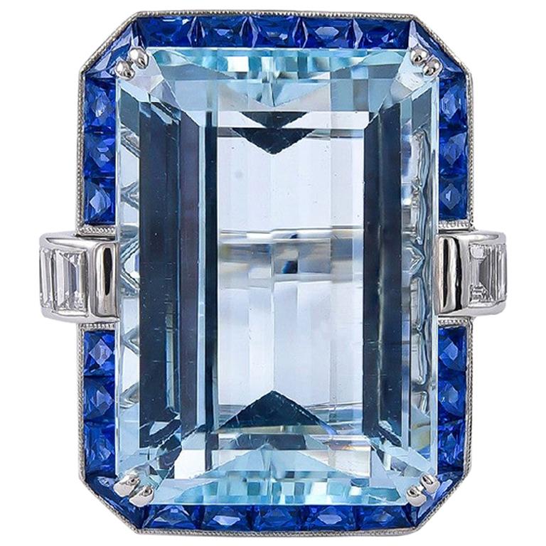 Sophia D. 27.08 Carat Aquamarine, Blue Sapphire and Diamond Art Deco Ring For Sale