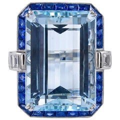 Aigue-marine, saphir bleu et diamants de 27,08 carats, bague Art déco