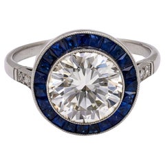 Art Deco Inspired 2.74 Carat Round Brilliant Diamond Sapphire Platinum Ring 