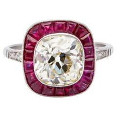 Art Deco Inspired 2.84 Carat Old Mine Cut Diamond and Ruby Platinum Ring