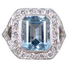 Art Deco Inspired 2.90ct Aquamarine and Diamond Cluster Ring with Shoulders Plat