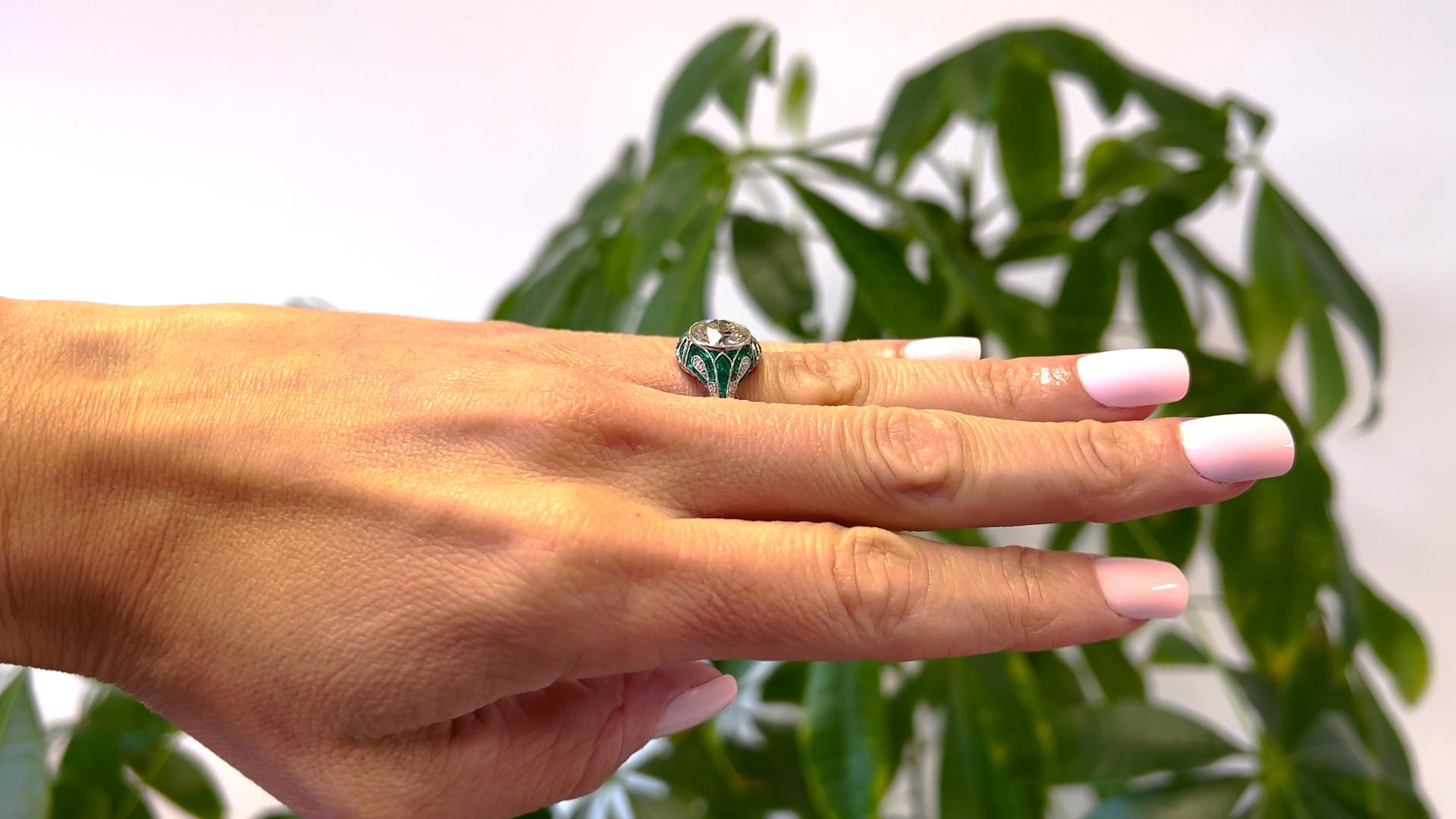 Women's or Men's Art Deco Inspired 2.96 Carat Old European Cut Diamond Emerald Platinum Ring For Sale