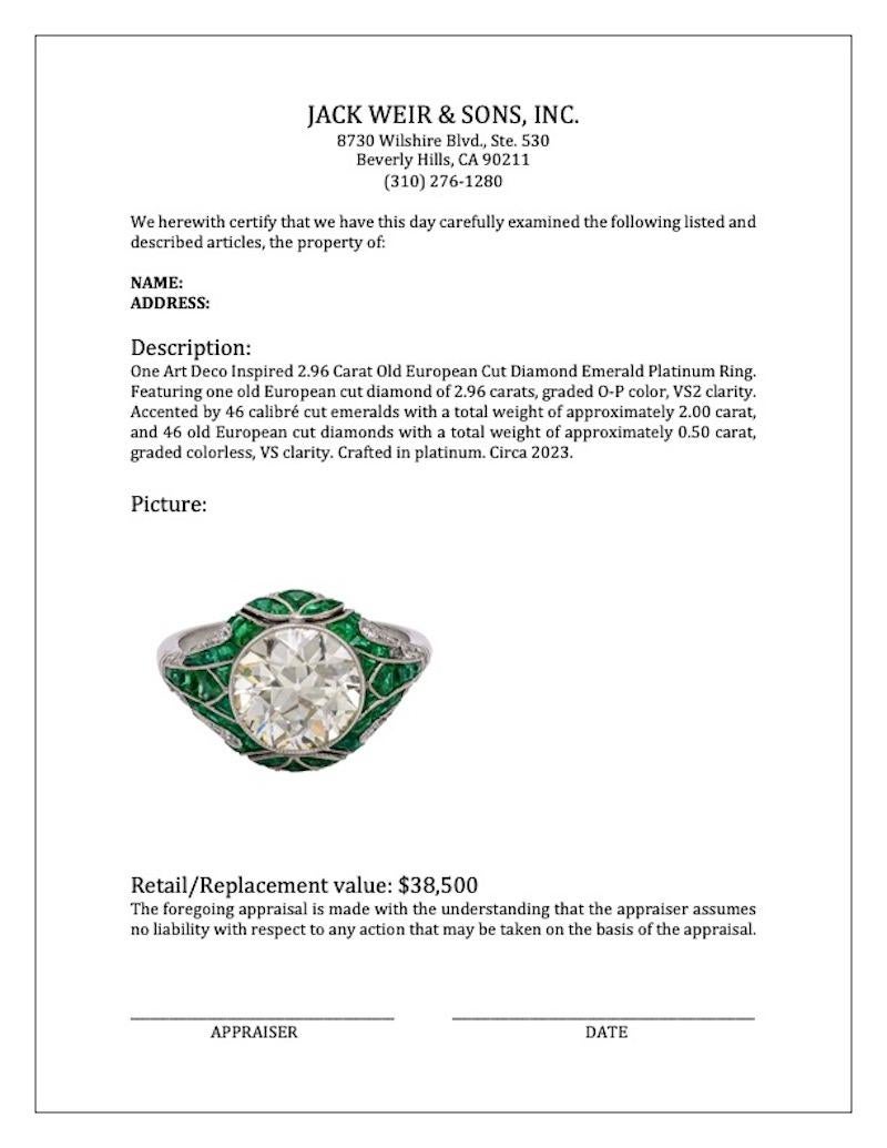Art Deco Inspired 2.96 Carat Old European Cut Diamond Emerald Platinum Ring For Sale 3