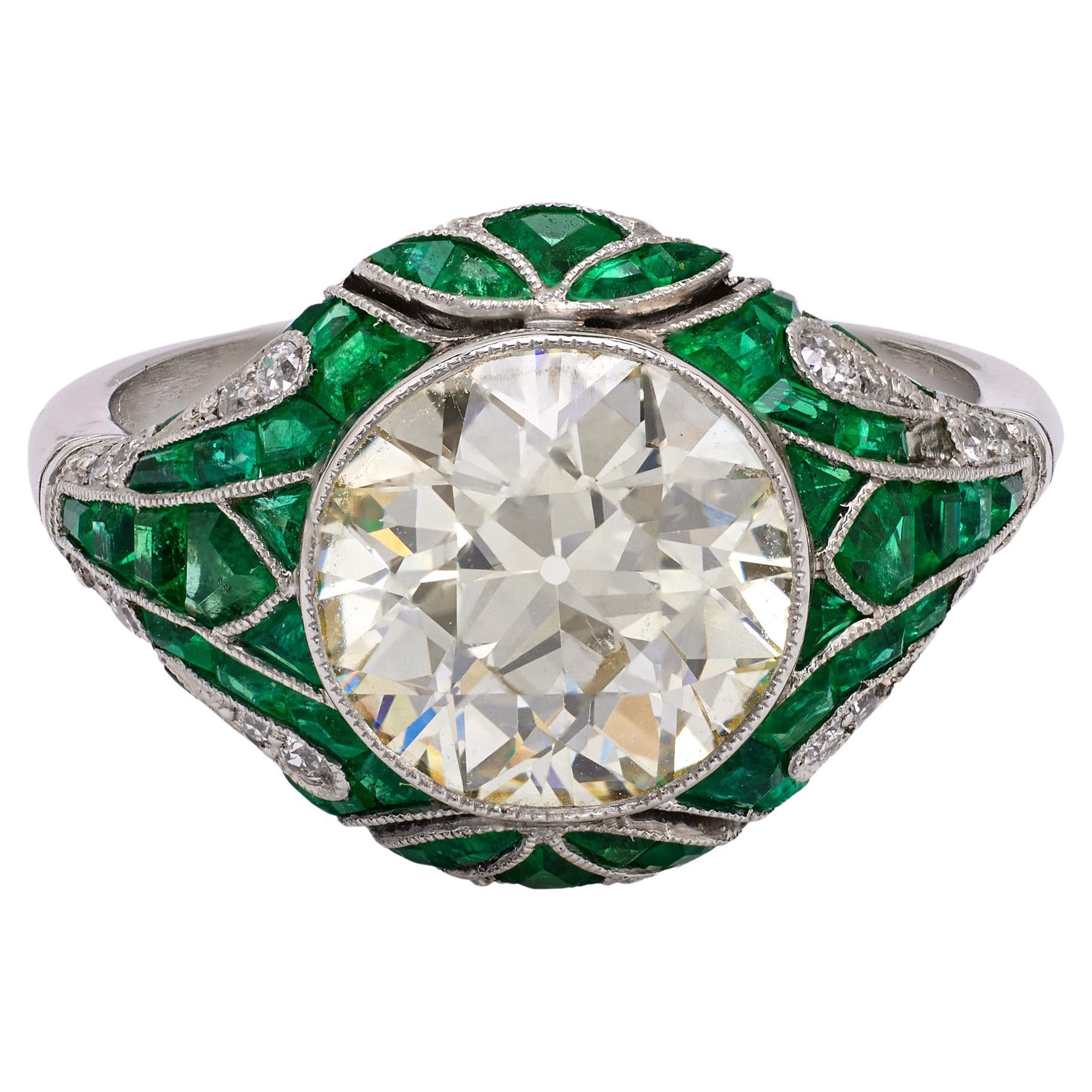 Art Deco Inspired 2.96 Carat Old European Cut Diamond Emerald Platinum Ring For Sale