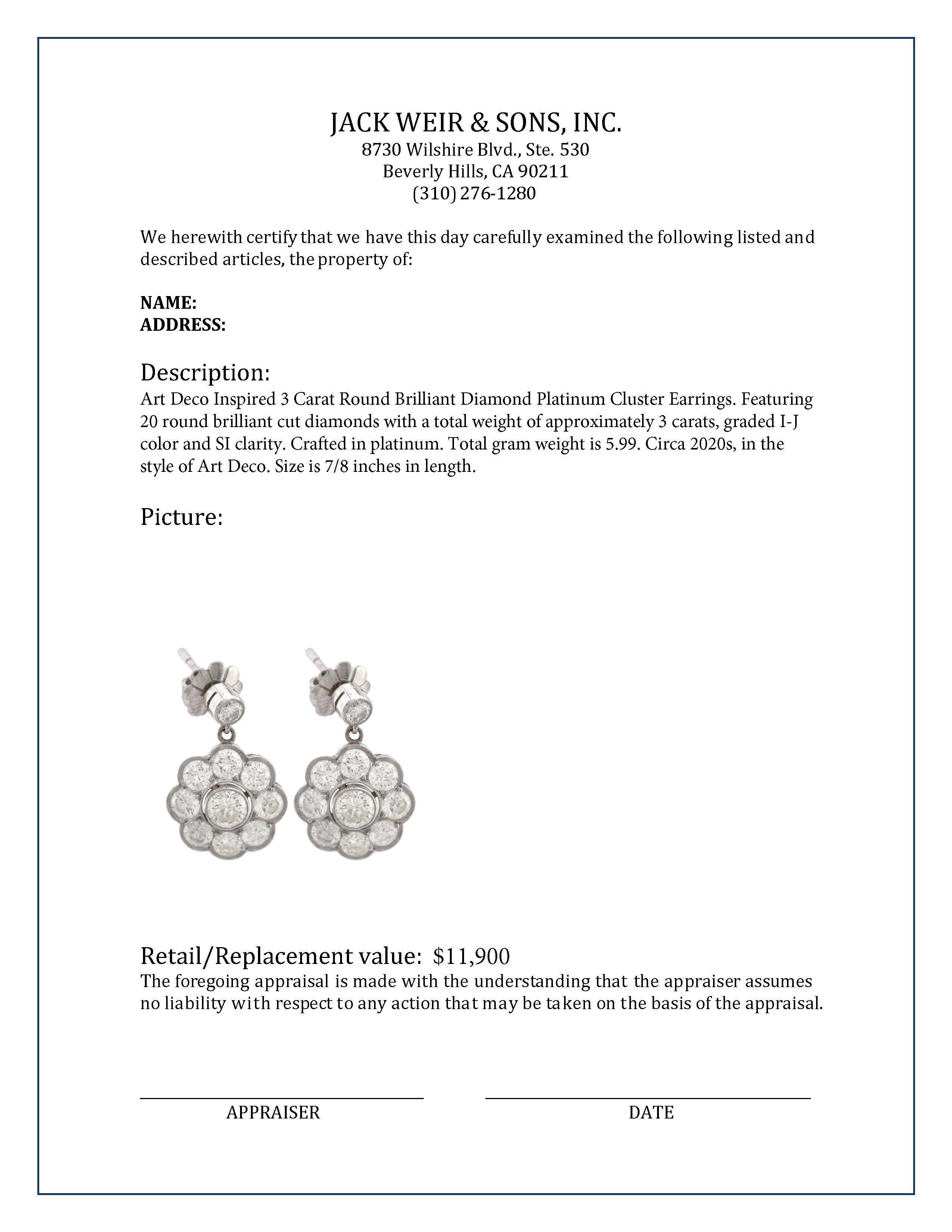 Orecchini a grappolo in platino con diamanti tondi e brillanti di ispirazione Art Deco da 3 carati In condizioni ottime in vendita a Beverly Hills, CA