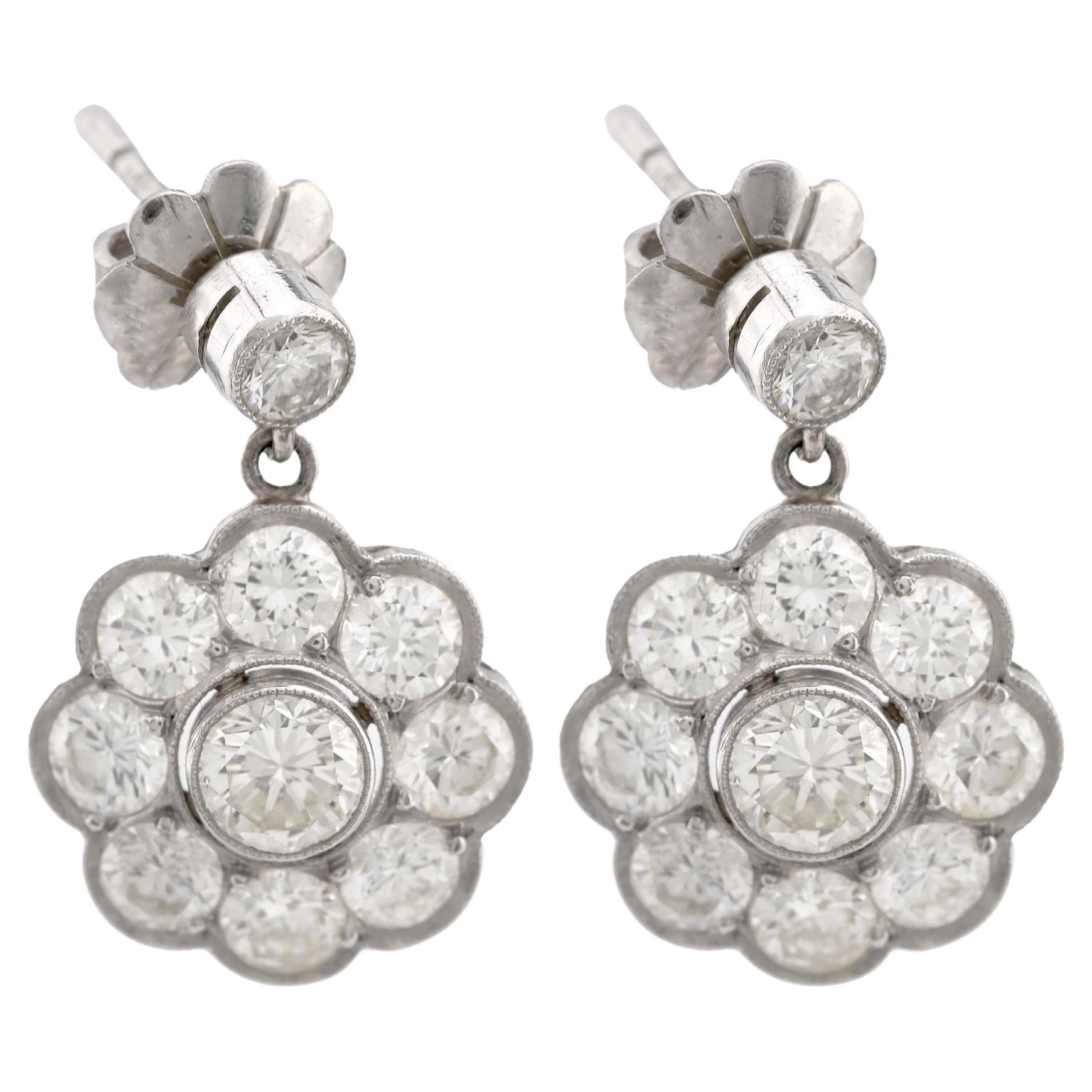 Art Deco Inspired 3 Carat Round Brilliant Diamond Platinum Cluster Earrings