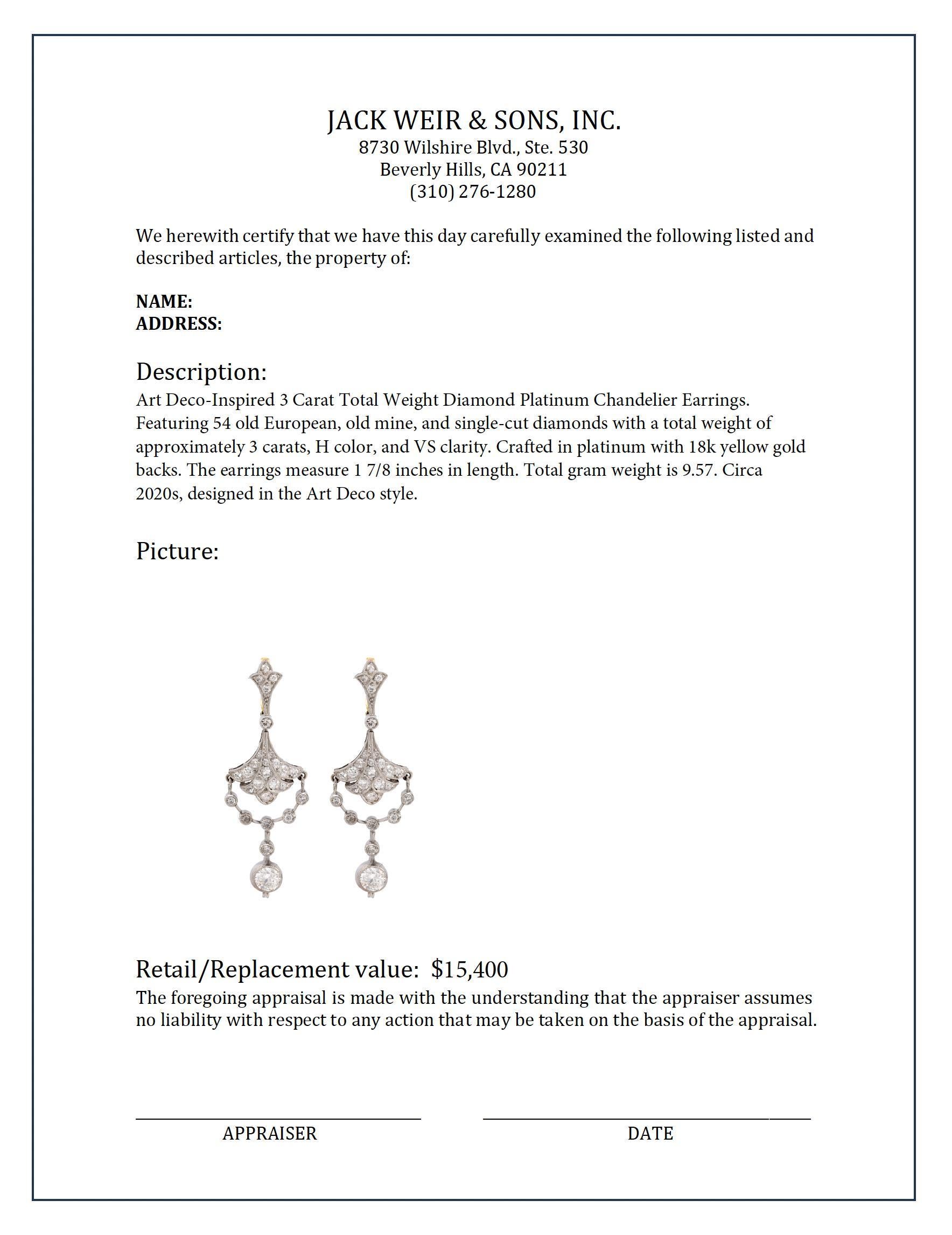 Boucles d'oreilles chandelier d'inspiration Art déco en platine avec diamants d'un poids total de 3 carats Excellent état - En vente à Beverly Hills, CA
