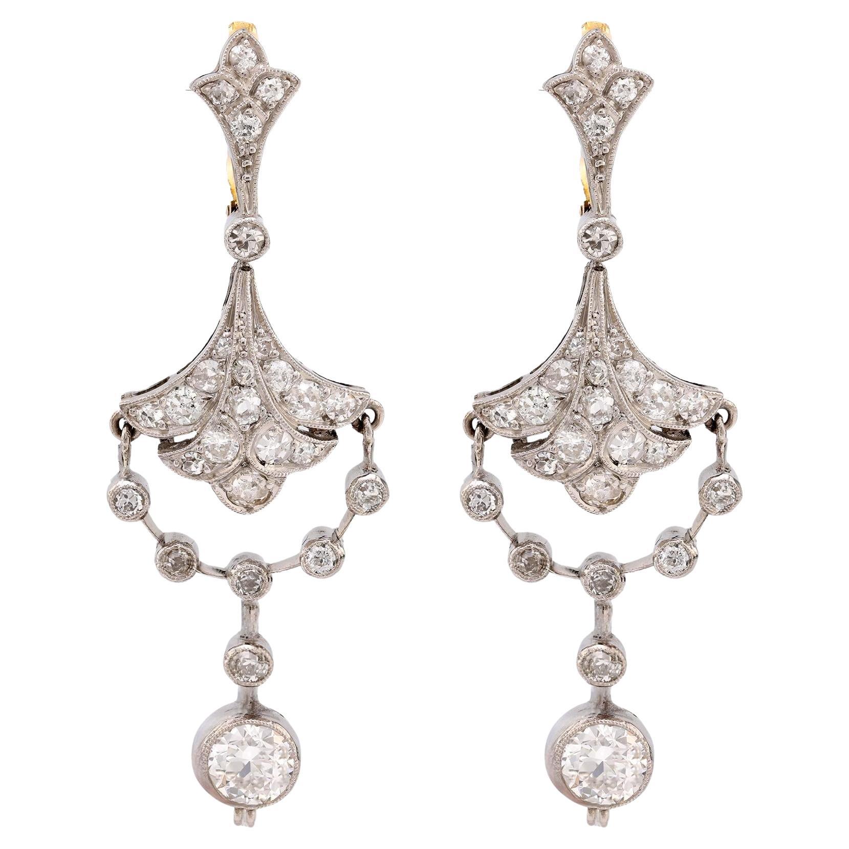 Art Deco inspired 3 carat total weight diamond platinum chandelier earrings