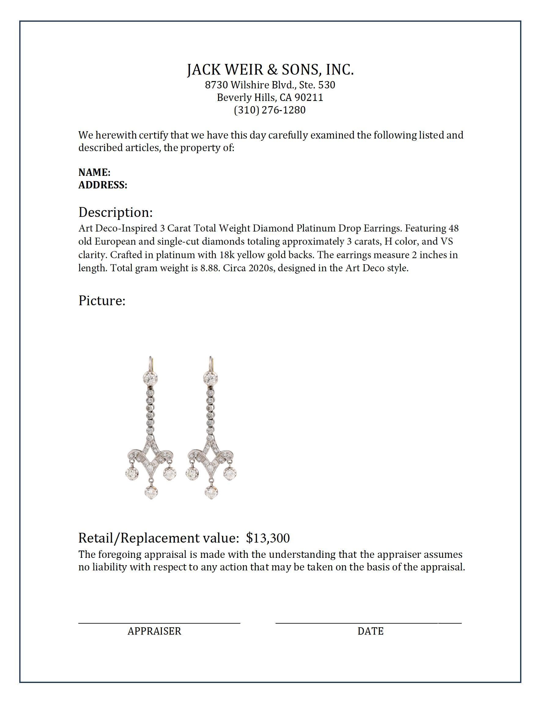 Orecchini a goccia in platino con diamante di 3 carati di peso totale ispirati all'Art Deco In condizioni ottime in vendita a Beverly Hills, CA