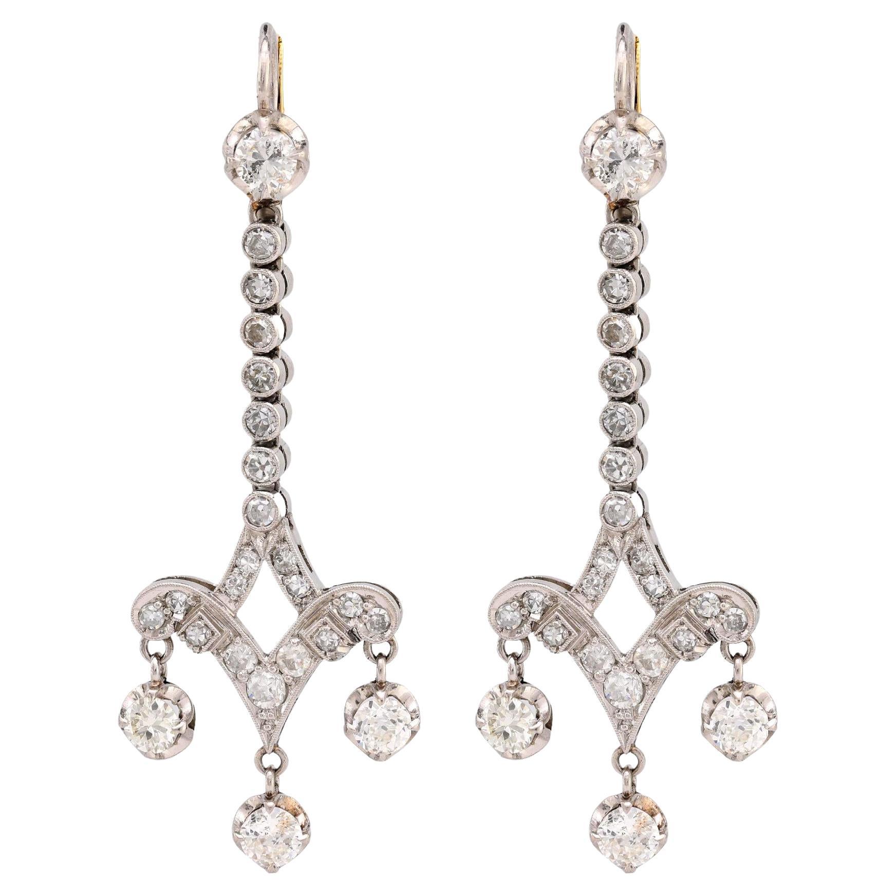 Art Deco inspired 3 carat total weight diamond platinum drop earrings