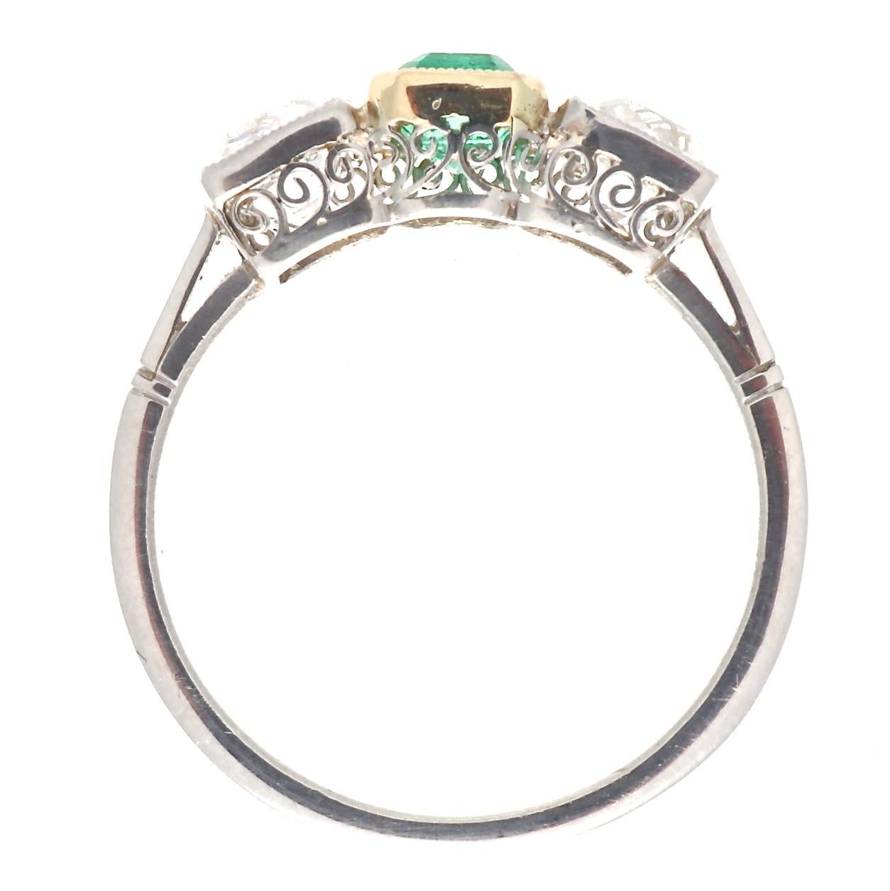 Emerald Cut Art Deco Inspired 3-Stone Emerald Old European Cut Diamond Platinum 18k Ring