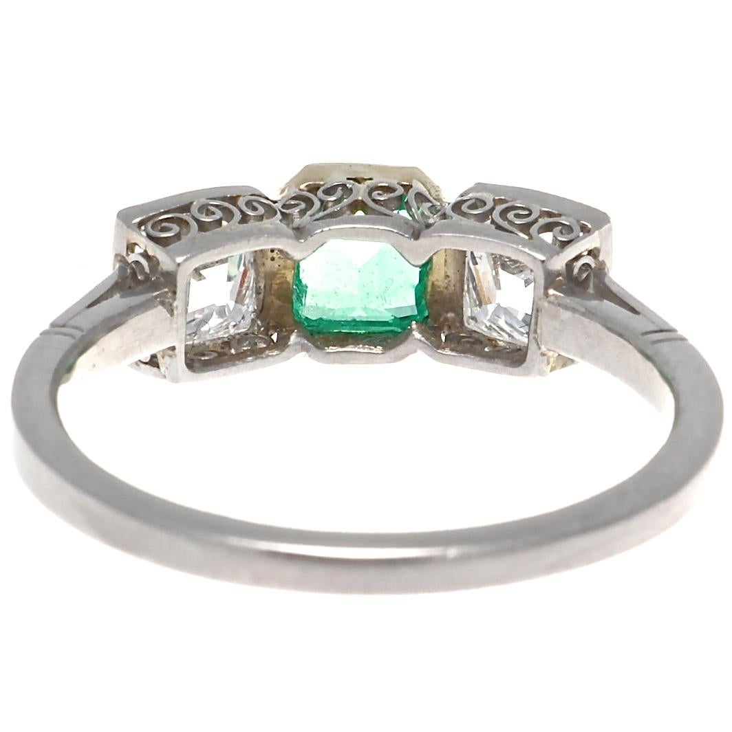 Art Deco Inspired 3-Stone Emerald Old European Cut Diamond Platinum 18k Ring In New Condition In Beverly Hills, CA
