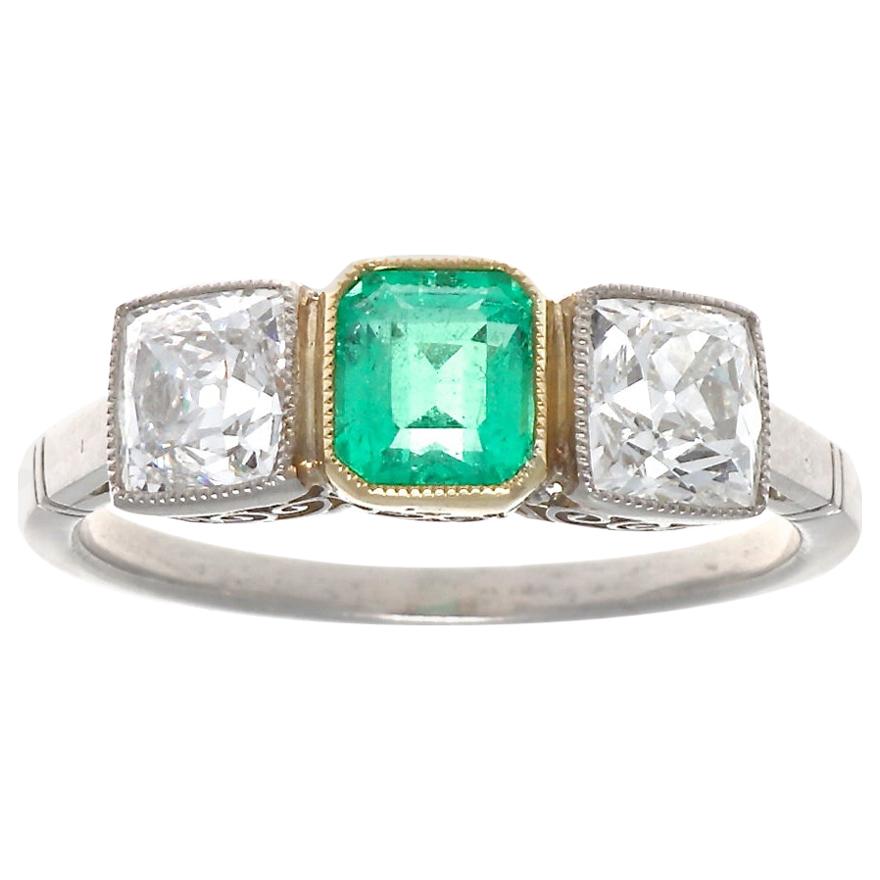 Art Deco Inspired 3-Stone Emerald Old European Cut Diamond Platinum 18k Ring