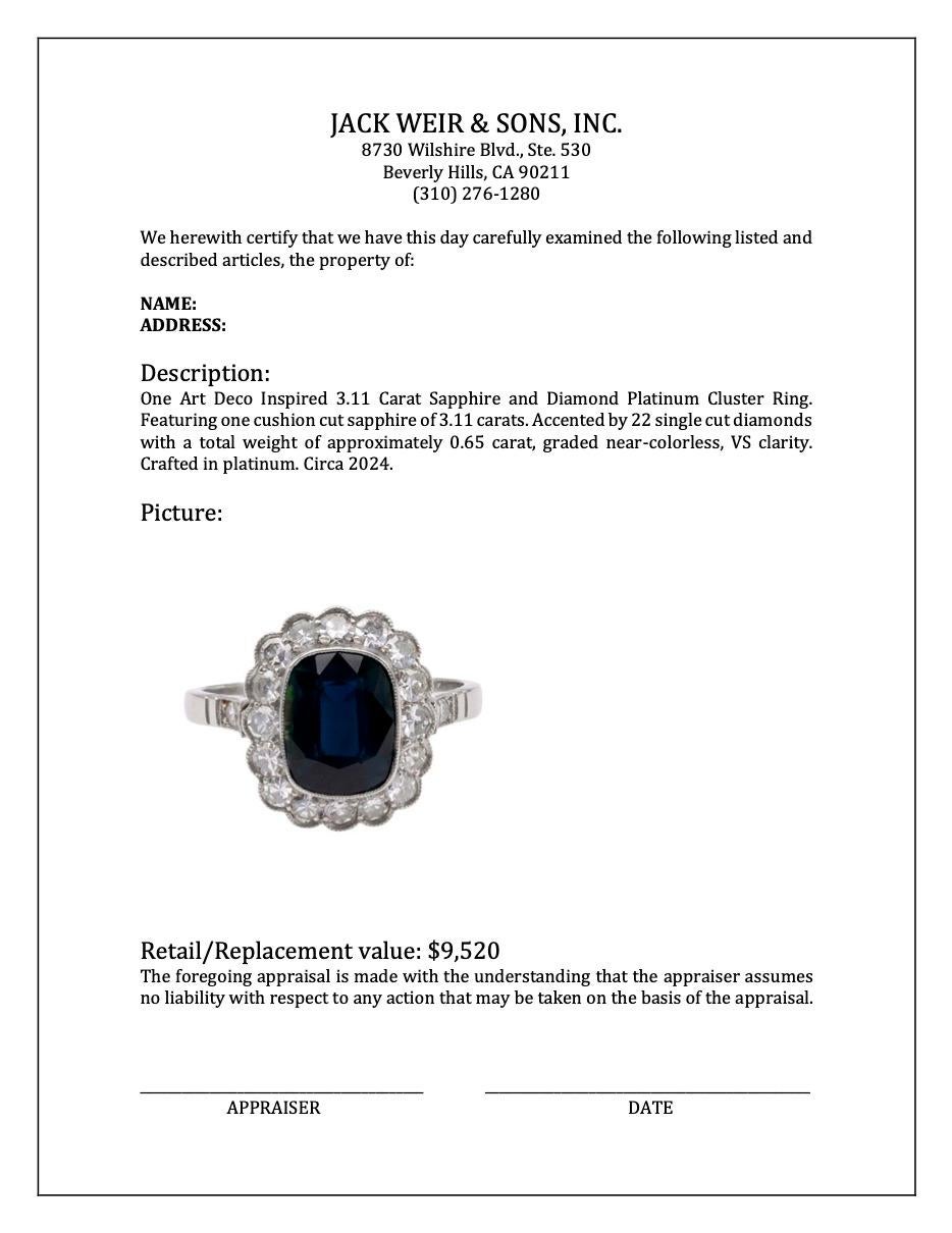 Platin-Cluster-Ring mit 3.11 Karat Saphir und Diamant im Art déco-Stil im Angebot 2