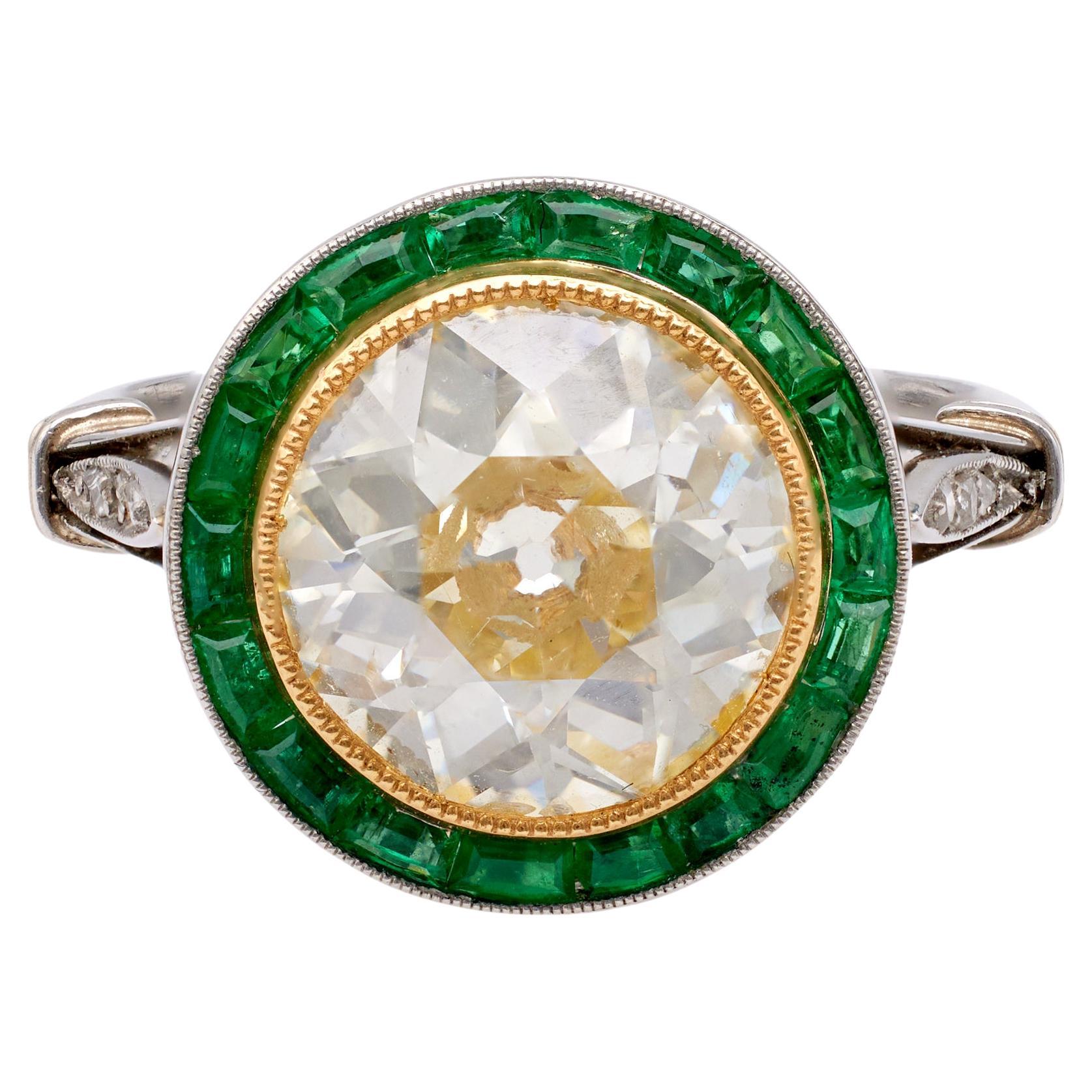 Art Deco Inspired 3.12 Carat Old European Cut Diamond Emerald Platinum 18k Gold  For Sale