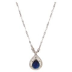Art Deco Inspired 3.15 Carat Cabochon Sapphire Diamond Platinum Drop Necklace