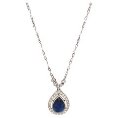 Art Deco Inspired 3.15 Carat Cabochon Sapphire Diamond Platinum Drop Necklace