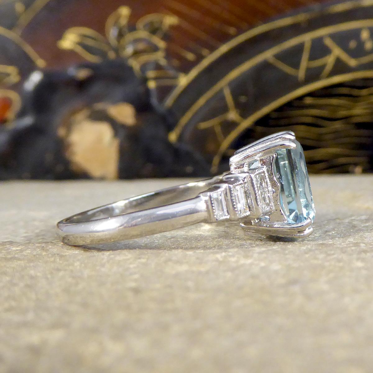 Emerald Cut Art Deco Inspired 3.30ct Aquamarine and Diamond Staged Ring in Platinum
