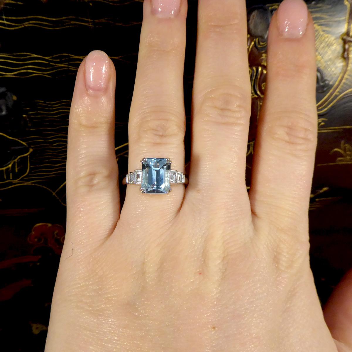 Art Deco Inspired 3.30ct Aquamarine and Diamond Staged Ring in Platinum 1
