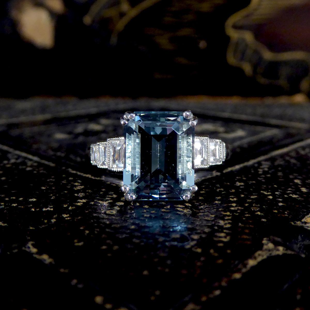 Art Deco Inspired 3.30ct Aquamarine and Diamond Staged Ring in Platinum 2